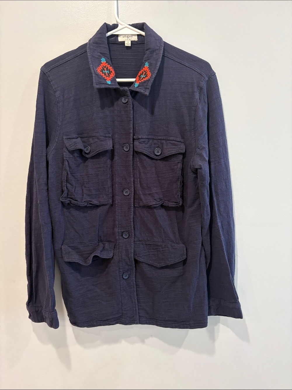 Umgee Navy Button Down Shirt with Embroidered Collar ptp 21.5 length 27